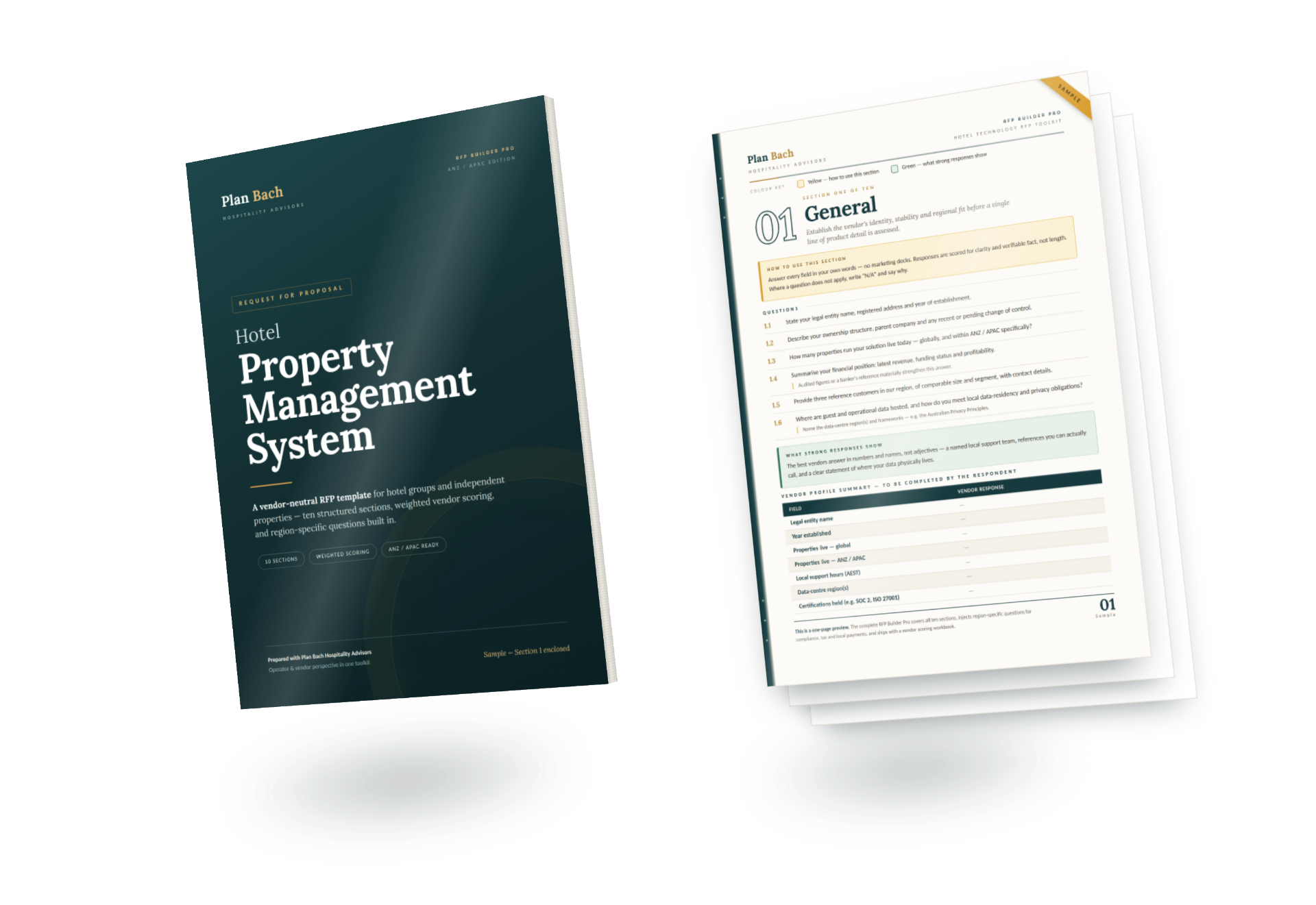 Hotel RFP Builder Pro cover and inner page sample showing the Property Management System template with the General section preview